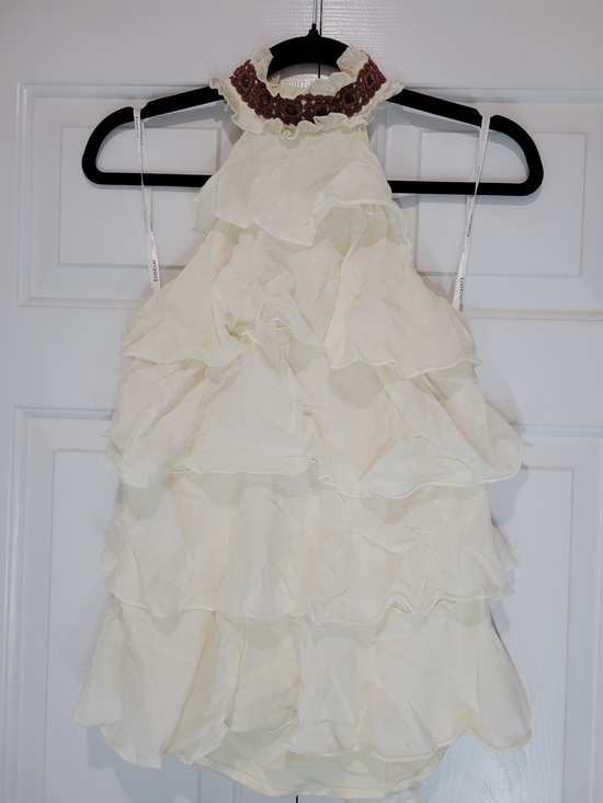bebe Tops - bebe Cream Low Back Ruffled Halter Tank Top with Embroidered Neck
